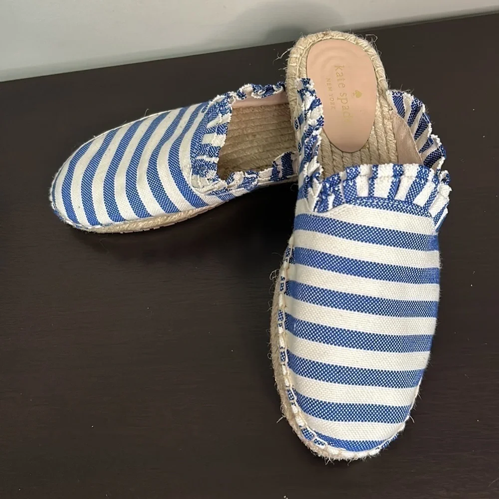Kate Spade Laila Espadrille Blue White Striped Ruffle Mule Shoe Sz 9.5